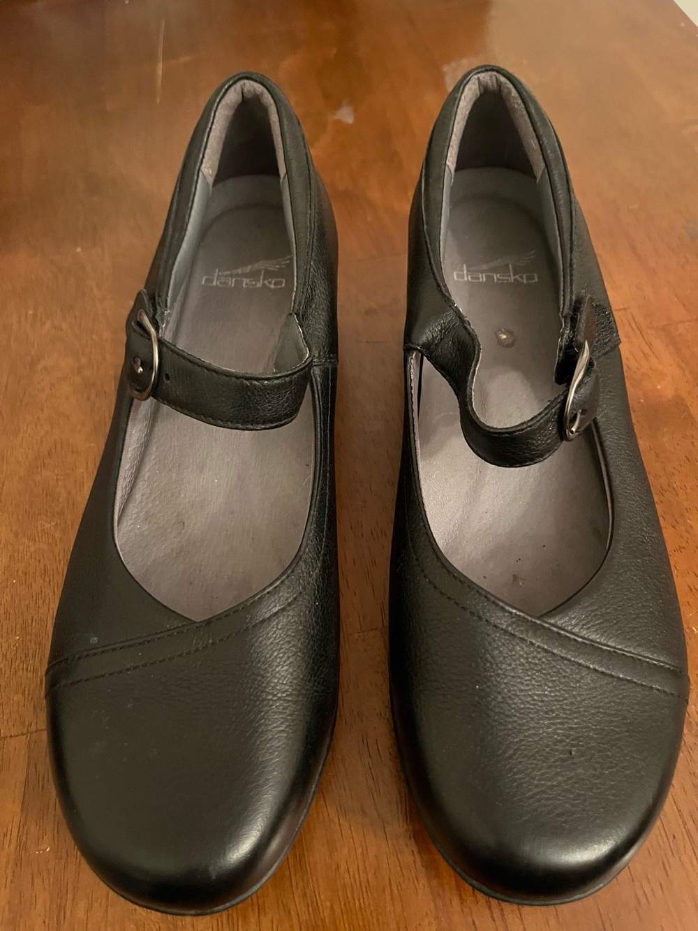 Dansko Black Leather Mary Jane Clogs with Buckle
